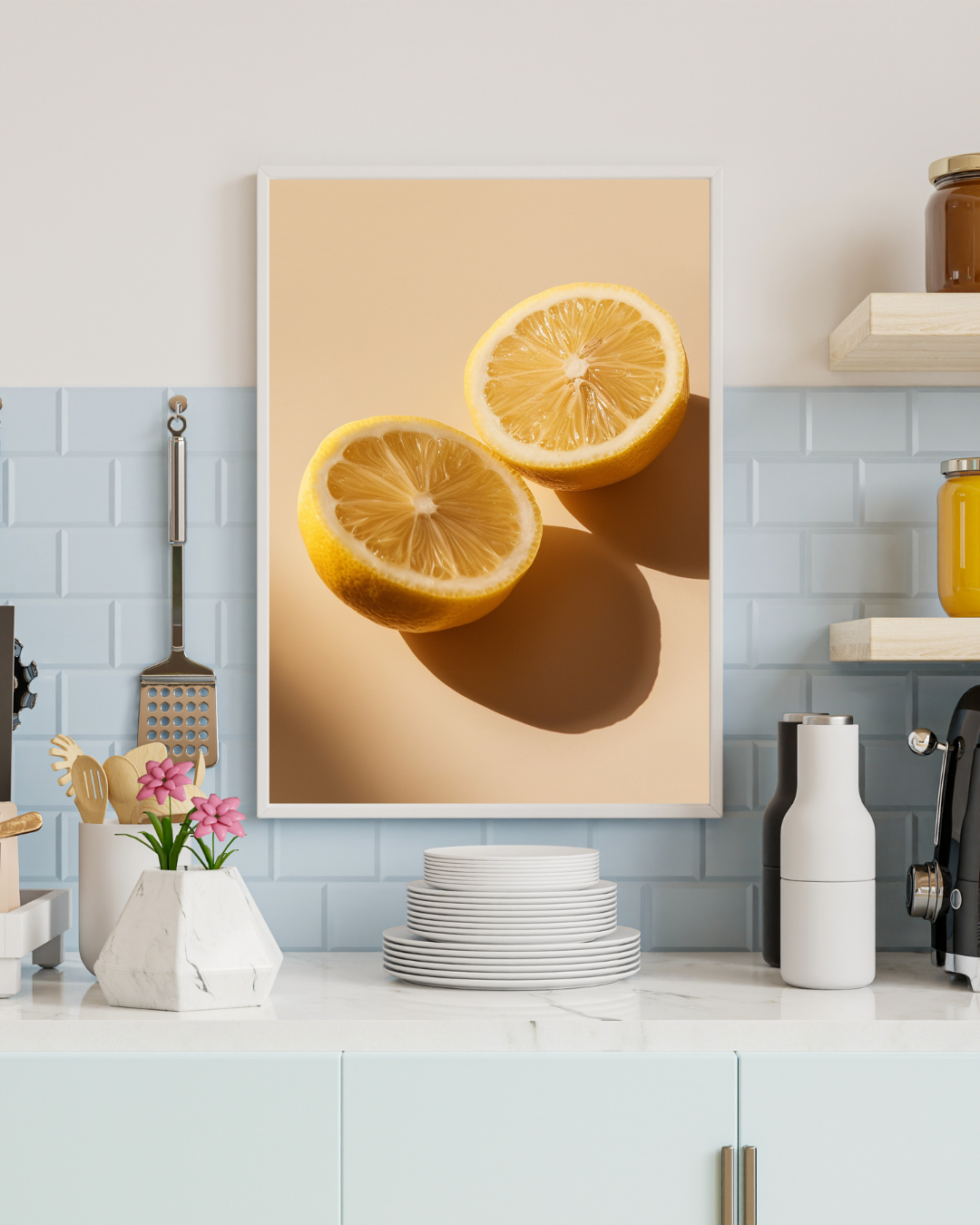 Citronhalvor poster från Nordanio, fruktposter med färgstarka citronskivor på vit bakgrund.