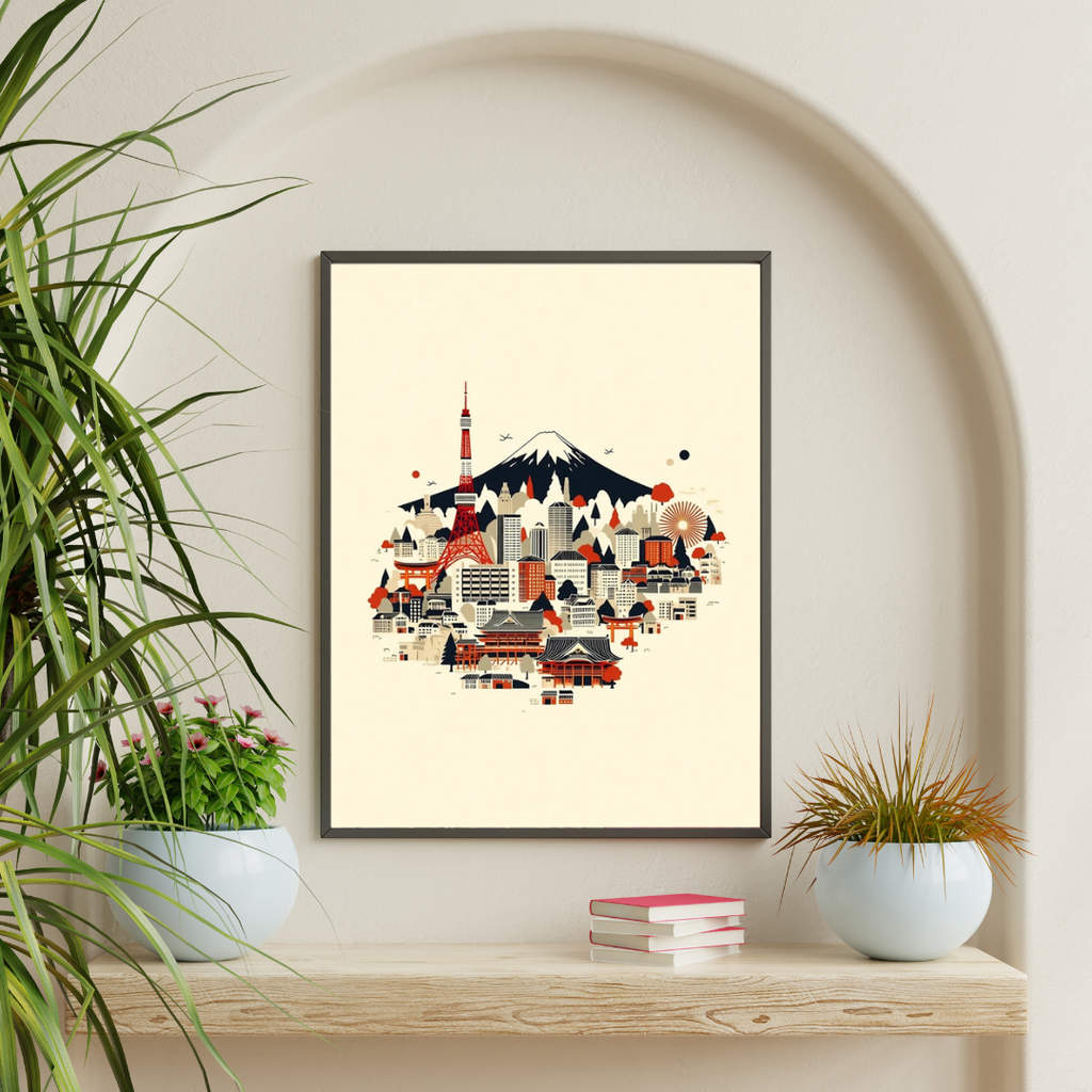 Detaljerad illustration av en japansk stad av Nordanio, med traditionella byggnader och stadsliv i en färgstark scen.