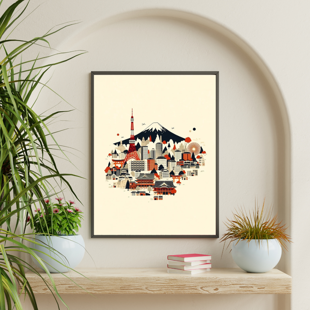 Detaljerad illustration av en japansk stad av Nordanio, med traditionella byggnader och stadsliv i en färgstark scen.