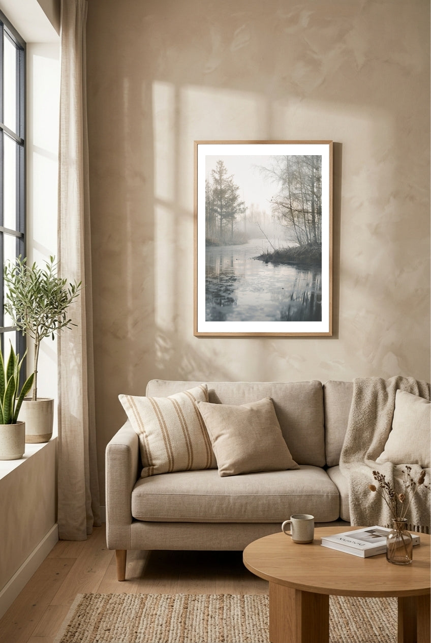 Naturposter av riverbank med träd och vatten, Nordanio, vacker naturbild för väggdekoration.