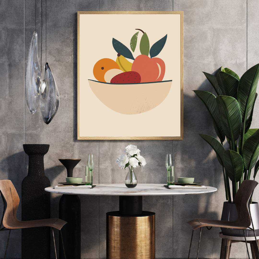 Modern fruktposter i industriell stil från Nordanio, väggdekoration för kontor eller hem, visar färgglada frukter.