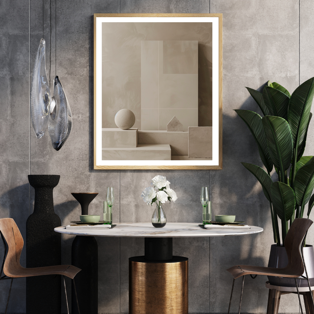 Abstrakt väggposter med geometriska blockmönster i modern industriell kontorsmiljö, Nordanio design för väggdekoration.