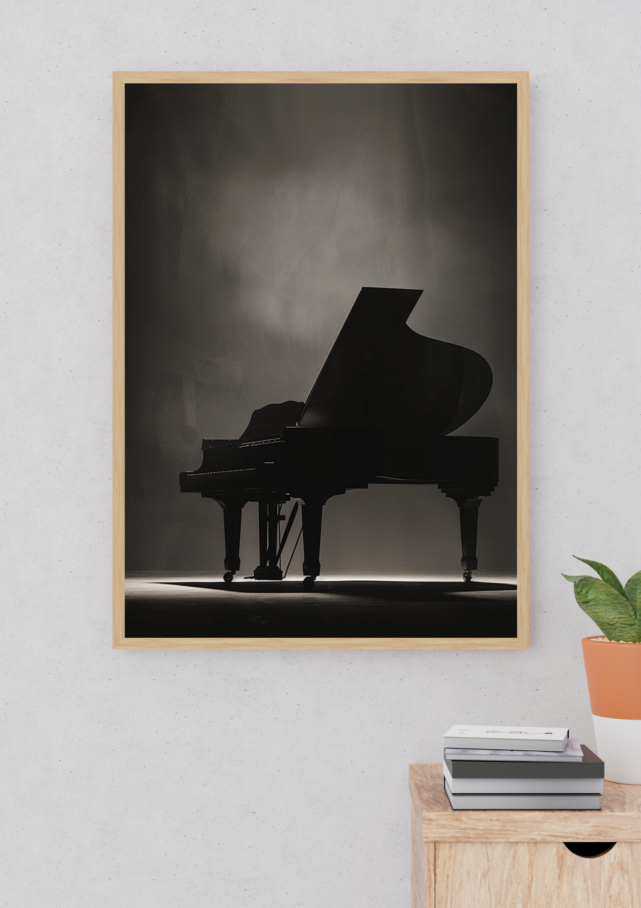 Svart konstposter av en pianosilhuett från Nordanio, väggkonst med konstnärlig aprikosfärgad bakgrund och uttrycksfull design.