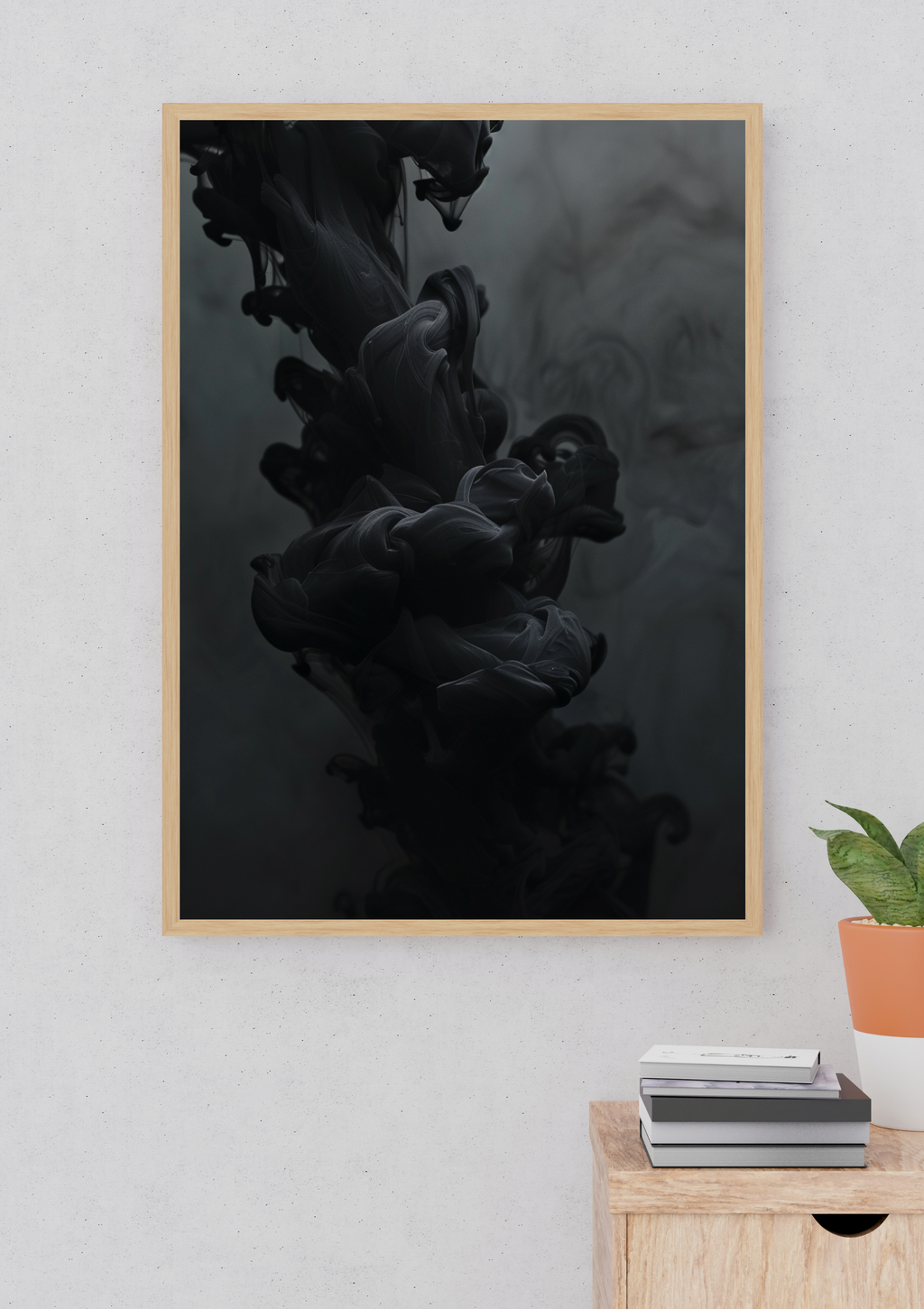 Svart bläck abstrakt poster av Nordanio, mörk konstväggdekor med aprikosfärgad konstnärlig penseldragdesign.