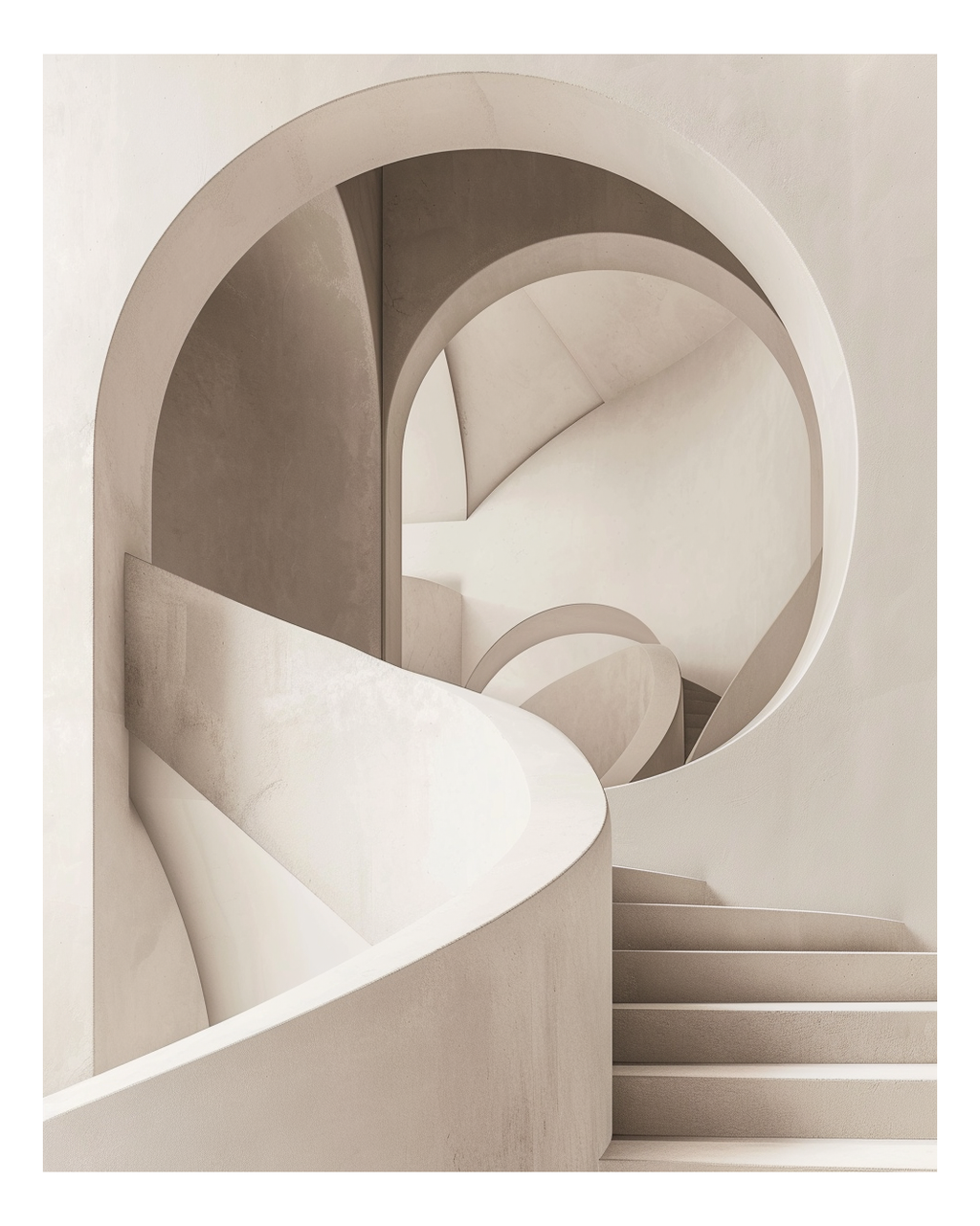 Abstrakt väggposter med mjuka ljusformer av Bappi Hossain från Nordanio, modern arkitektonisk design i neutrala färger.