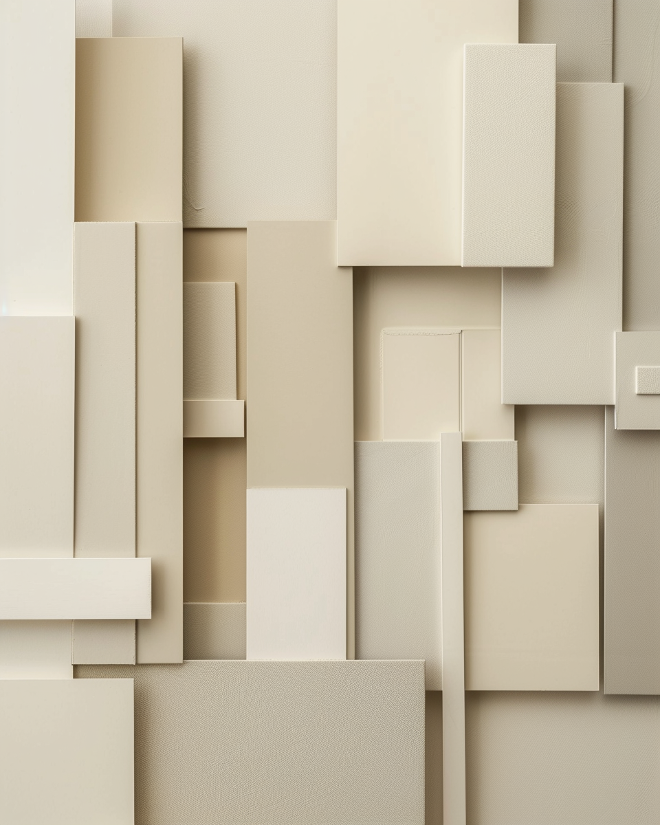 Abstrakt väggposter med vertikala paneler i beige och grå, design av Nordanio, modern konst för inredning.