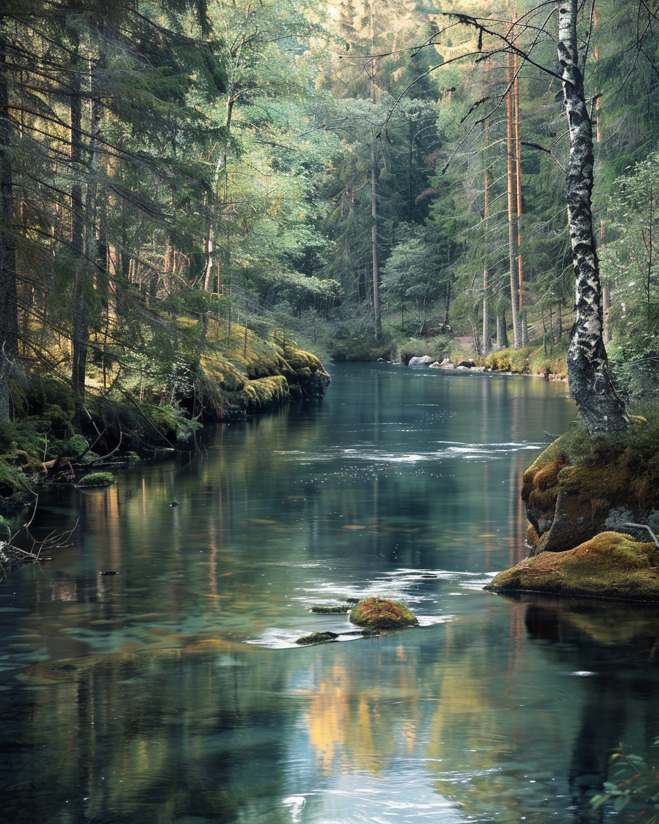 Naturposter av Forest River av Nordanio, visar en lugn flod som flyter genom skog med mjuka reflektioner i vattnet.