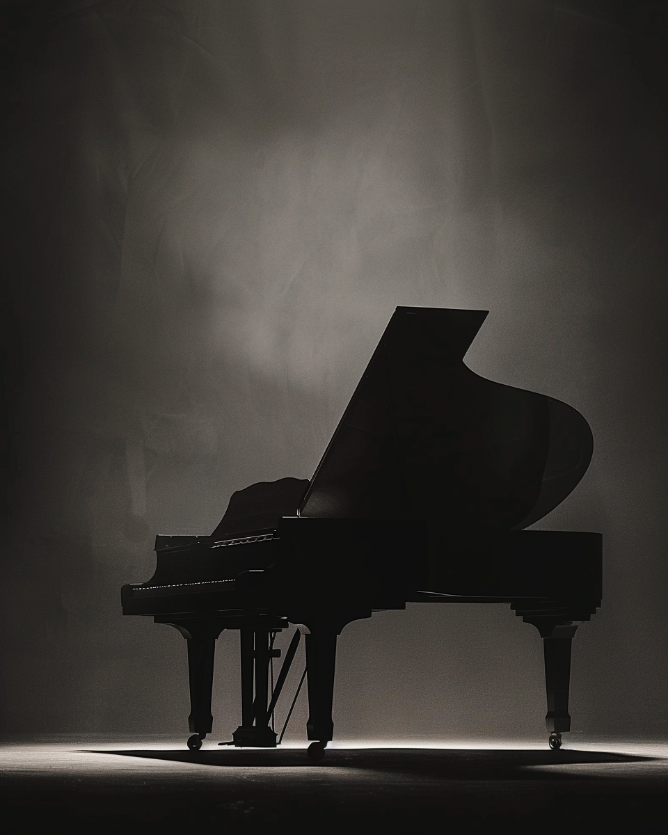 Svart konstposter med piano-silhuett av Bappi Hossain, väggdekor för musik- och konstentusiaster, från Nordanio.