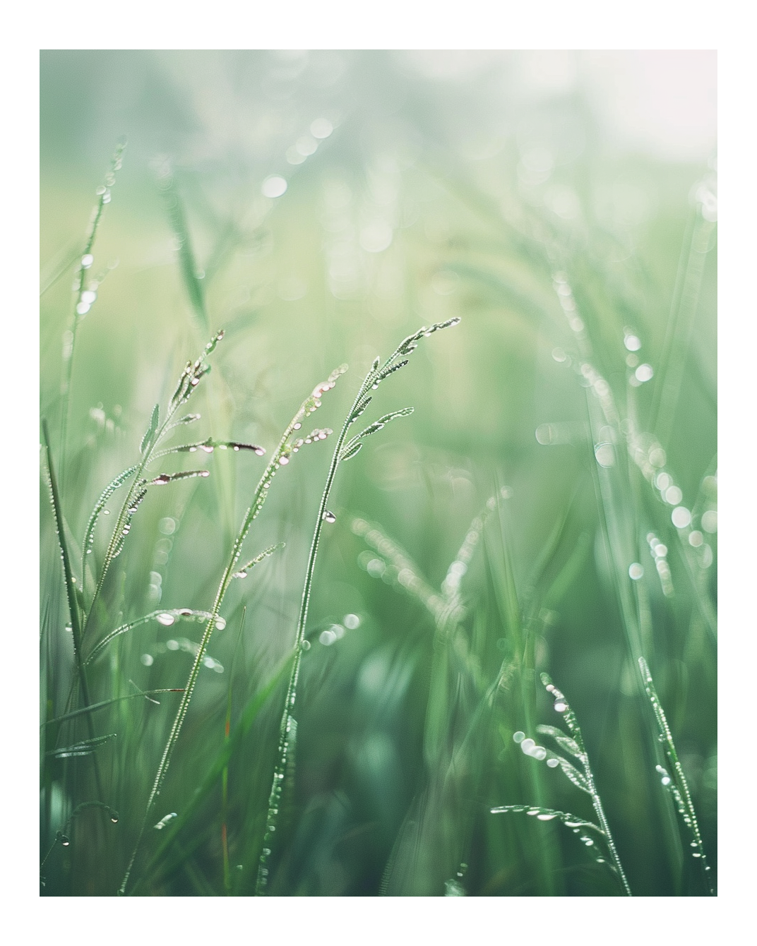 Dewy Grass Poster av Nordanio, naturmotiv med daggklädd gräs i morgonsol, väcker lugn och naturkänsla.