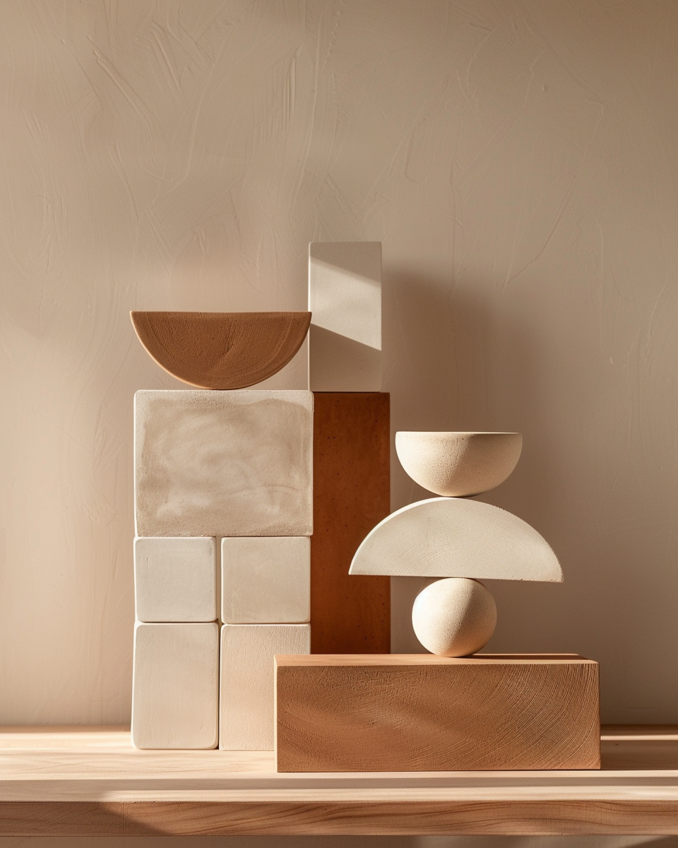 Abstrakt väggposter med geometriska block i varma, neutrala toner av Nordanio, med mjuka skuggor och modern design.