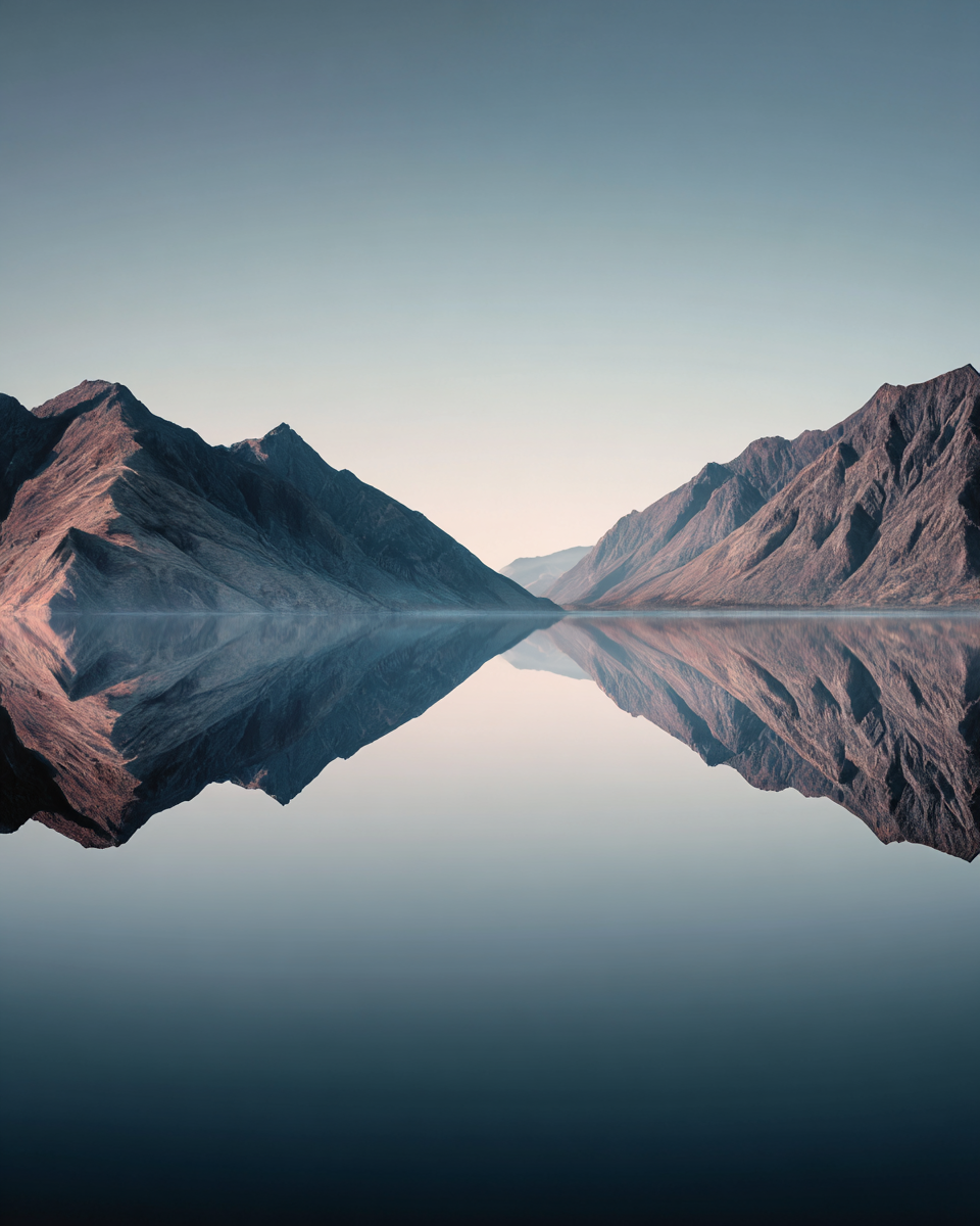 Minimalist naturposter av Nordanio med spegelreflektion av berg och sjö i lugn, stillsam landskapsbild.