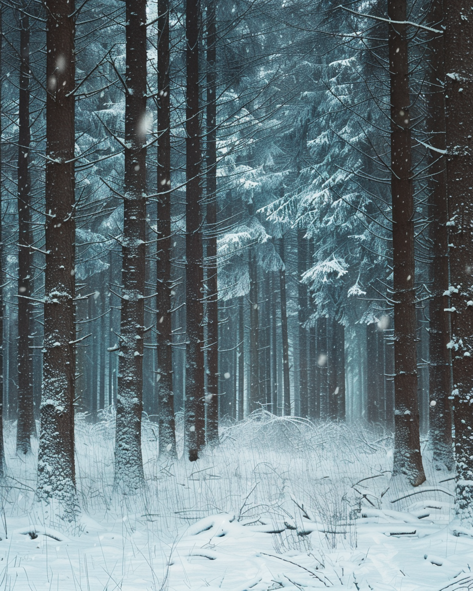 Snöfall i skog, naturposter från Nordanio med lugna, mjuka texturer av snöbelagd skog i avbildad bild.