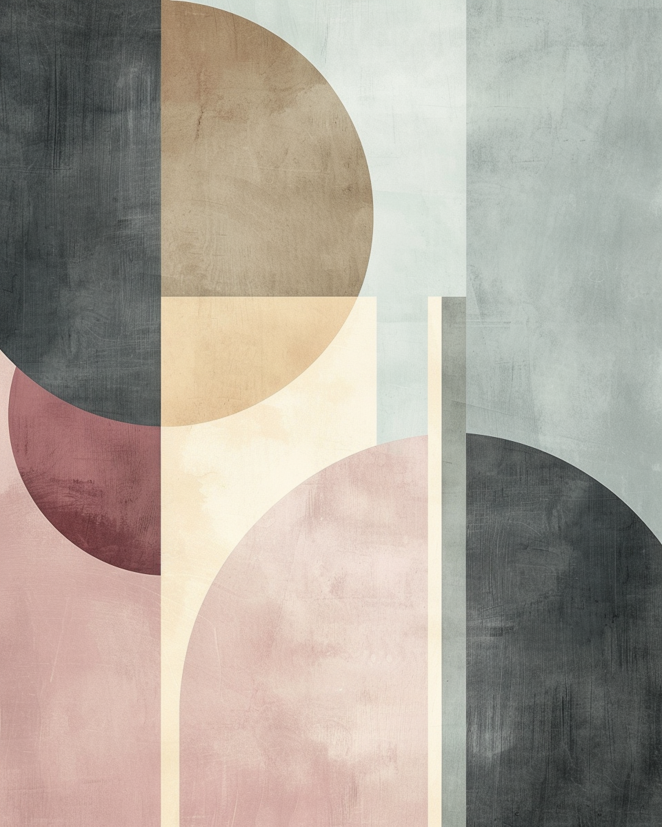 Abstrakt väggposter med geometriska former i pastellfärger, minimalistisk design, av Nordanio, för modern inredning.