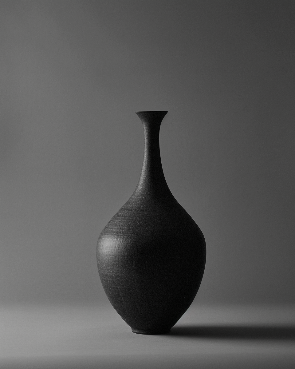 Svart keramisk vas som konstposter från Nordanio, minimalistisk design med belysningseffekt på vägg.