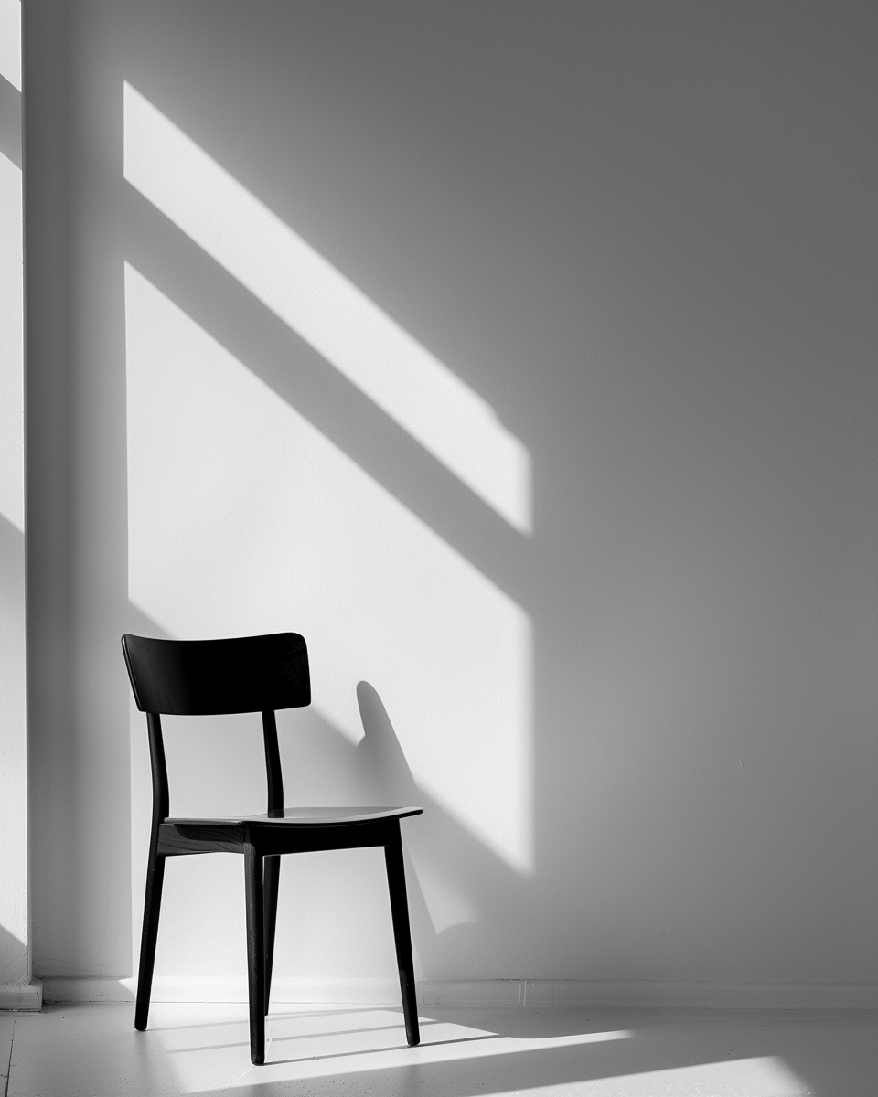 Svart och vitt poster av en minimalistisk svart stol av Nordanio, med starkt vitt ljus, konstnärlig väggdekoration