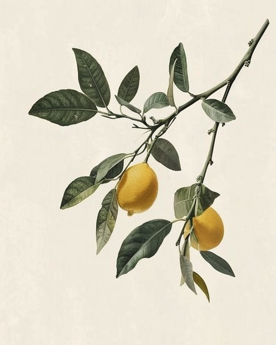 Citrusträdposter av Nordanio med gröna citrusgrenar och blad, minimalistisk fruktposter för väggdekor.