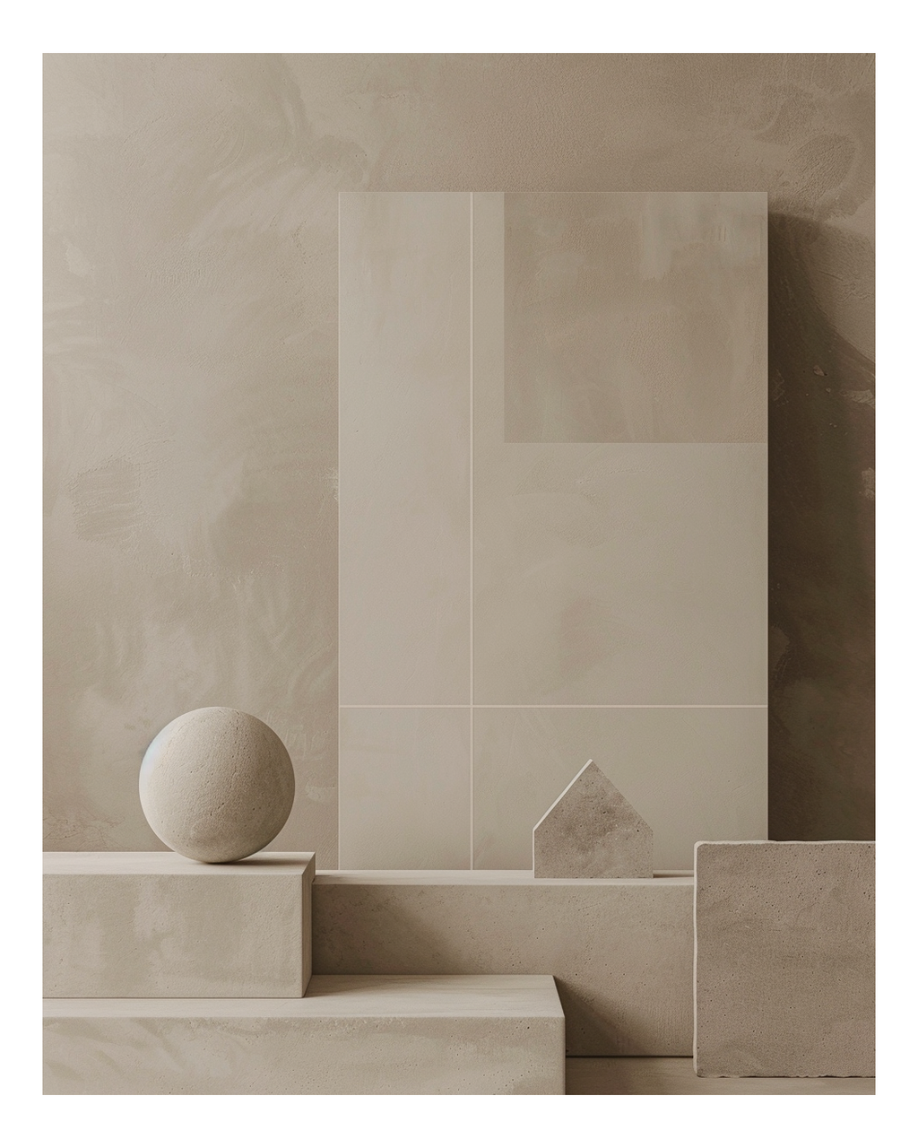 Abstrakt väggposter med geometriska block i beige och grå, designad av Nordanio, perfekt för modern inredning.