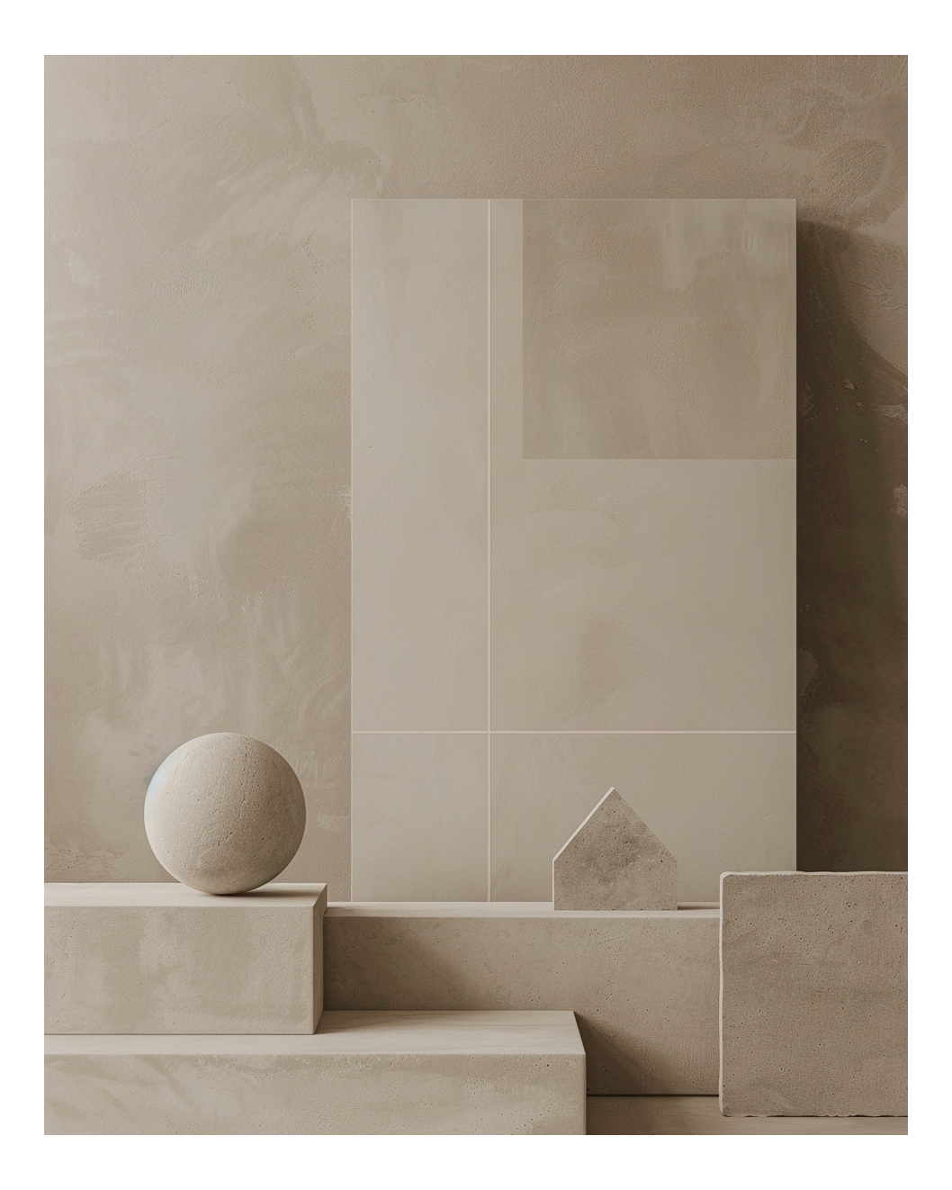 Abstrakt väggposter med geometriska block i beige och grå, designad av Nordanio, perfekt för modern inredning.