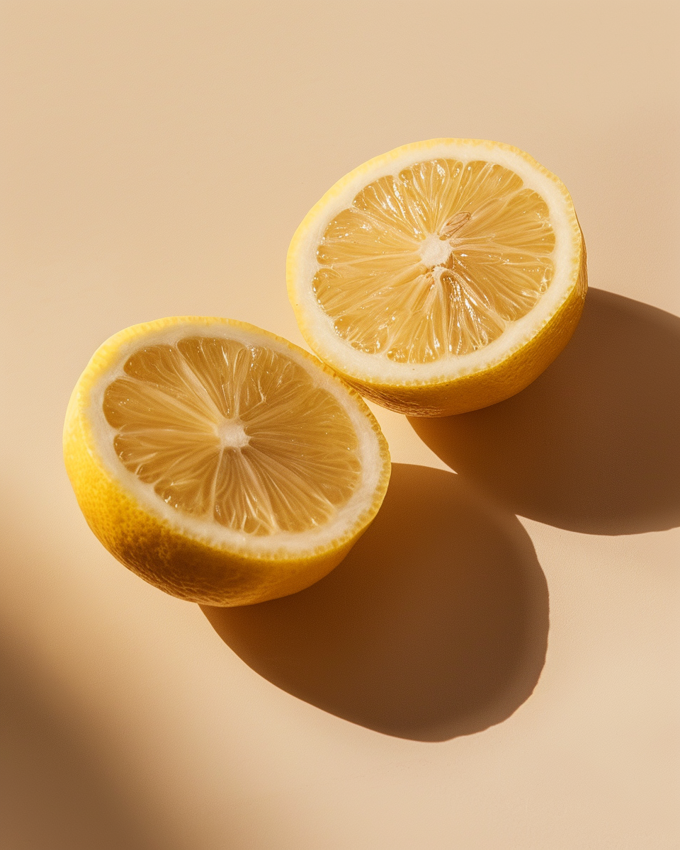 Citrusfrukt poster med halverade citroner i mjuka skuggor på beige bakgrund, avbildad i minimalistisk stil av Nordanio.