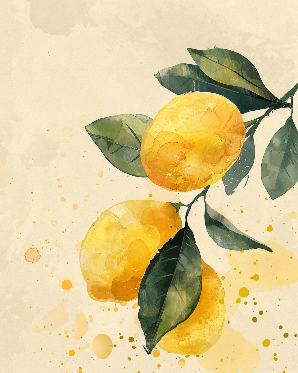Lemon vattenfärgsaffisch från Nordanio, minimalistisk illustration av citron i mjuk watercolor-stil.