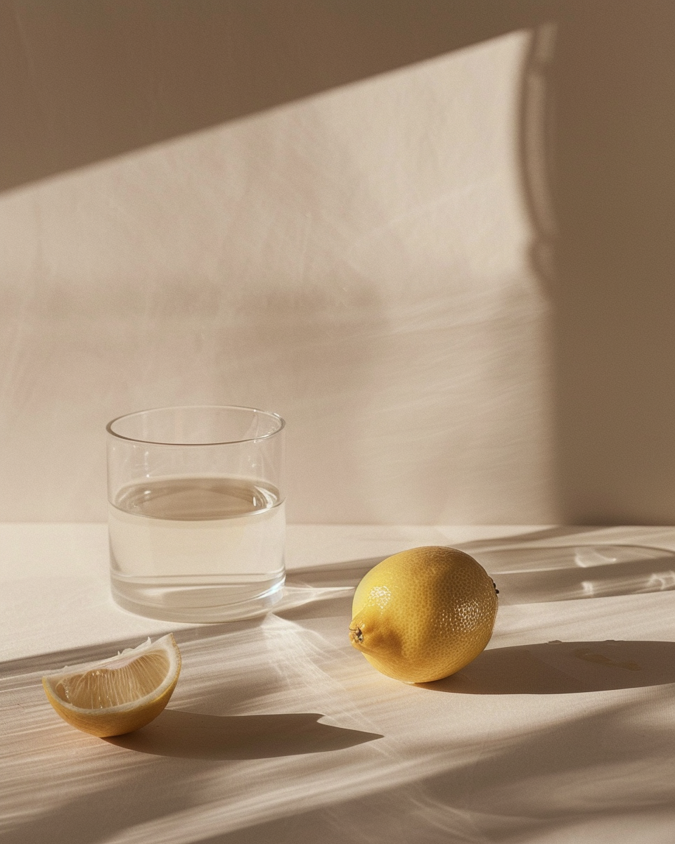 Nordanio citron still life affisch med glas och citron, fruktposter i minimalistisk stil på ljus bakgrund.