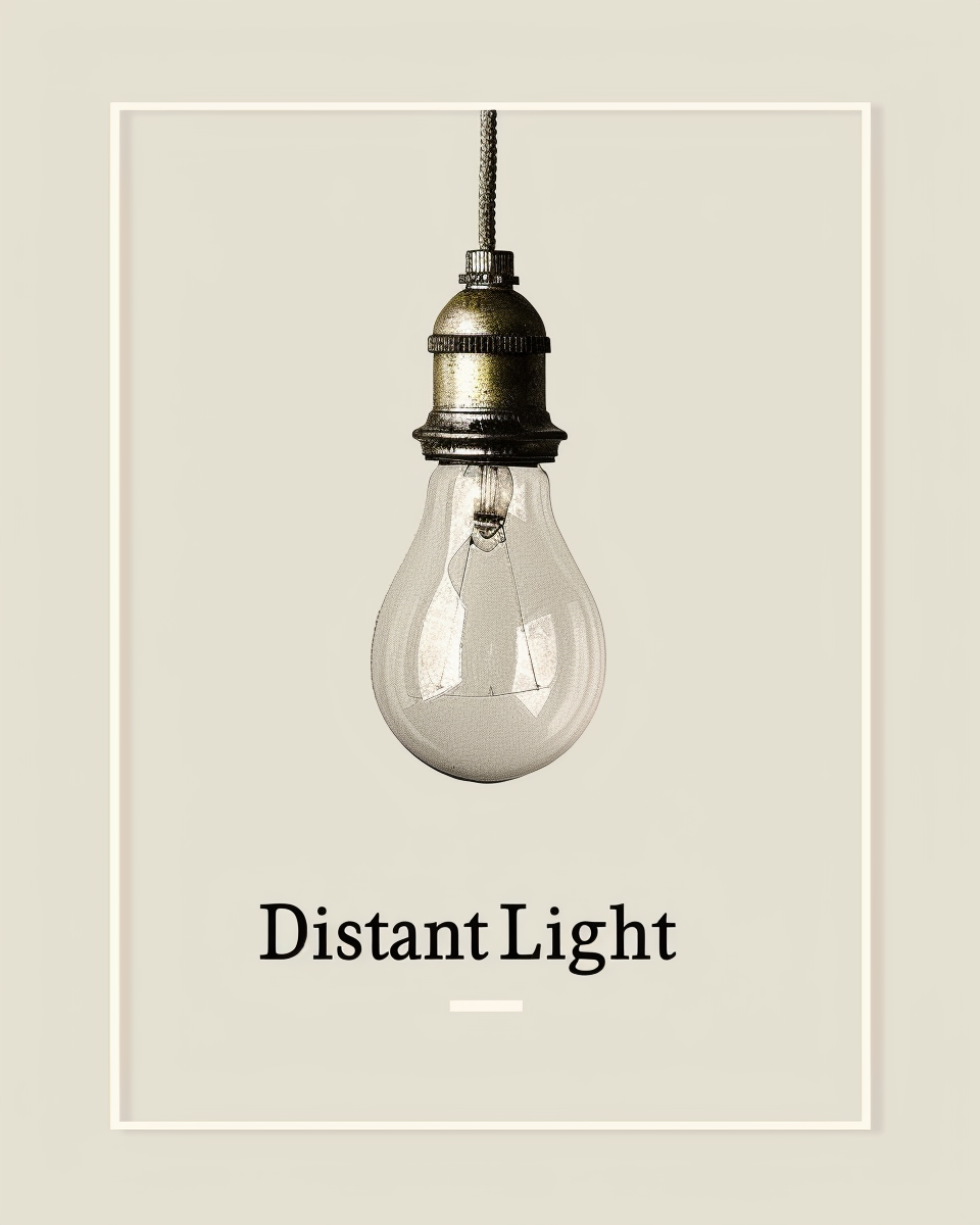 Minimalist typografi affisch med orden "Distant Light" av Nordanio, svart text på vit bakgrund, modern design.