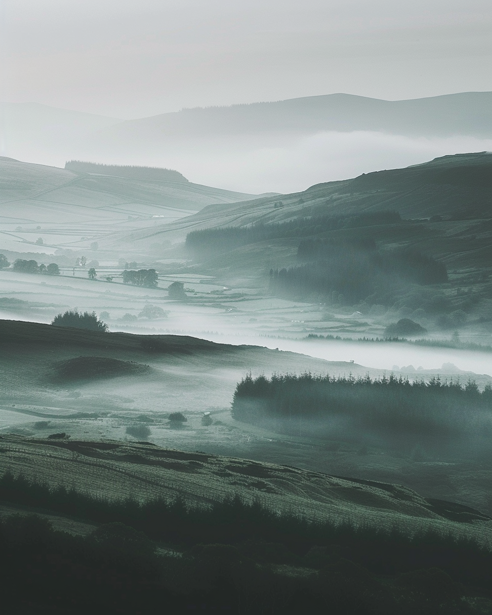 Naturposter av Misty Valley av Nordanio, visaande dimmiga berg och mjuka lager i dämpade toner.