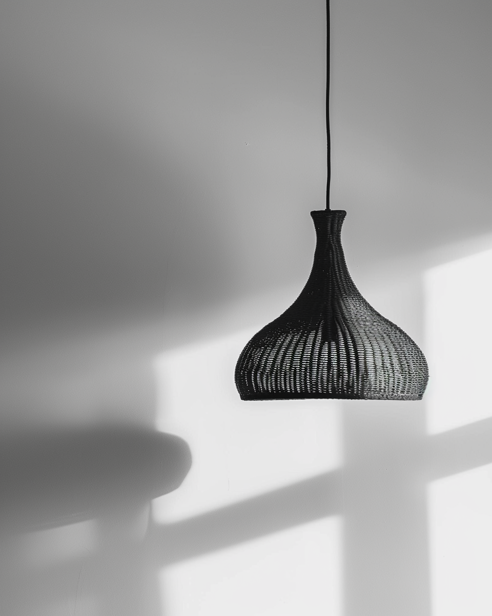 Svartvit poster av en hängande pendellampa i mjukt naturligt ljus, designad av Nordanio.