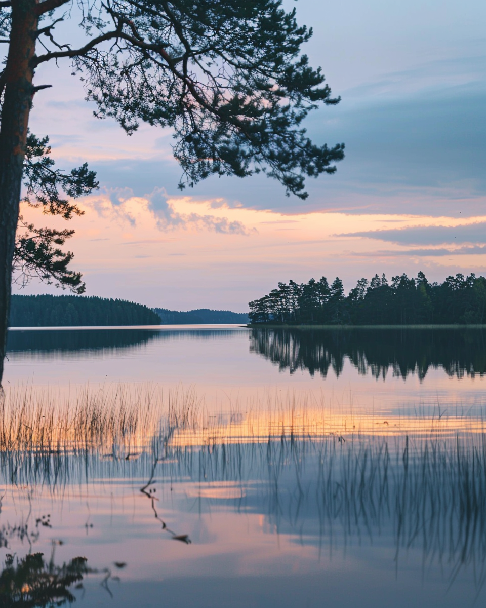 Naturbild av en stilla sjö vid skymning med mjuk reflektion, i Nordanio’s naturposter.