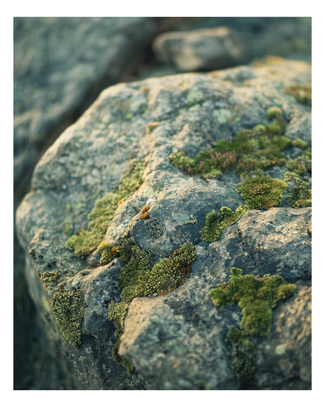 Naturposter av mossig sten med mjukt ljus, skapad av Nordanio, visar en sten med mjuk mossa och diffus belysning