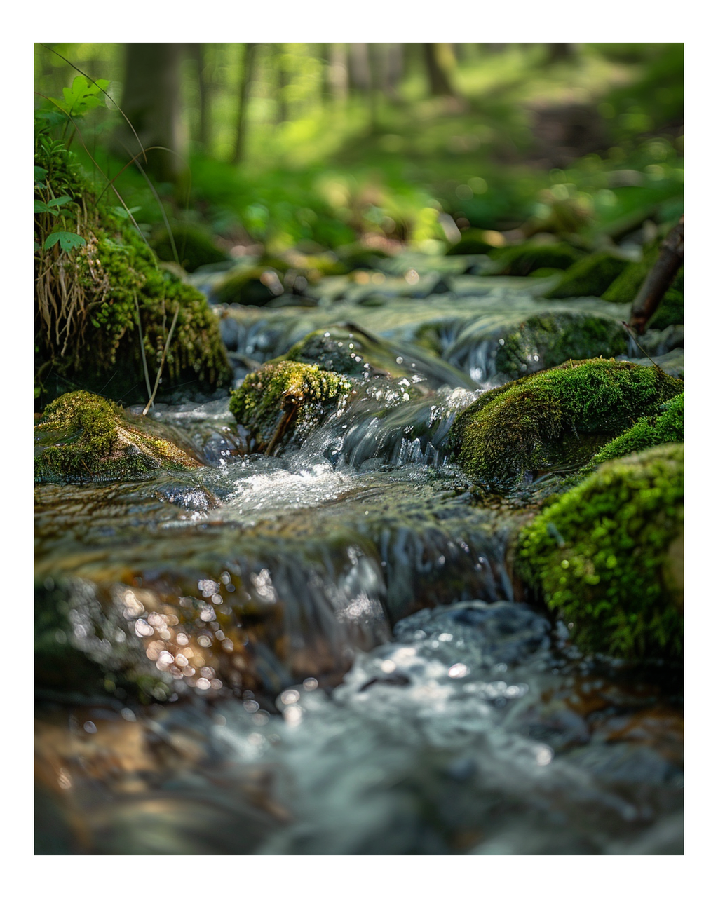 Naturposter med skog och en liten bäck som flyter lugnt, från Nordanio Forest Creek-serien.