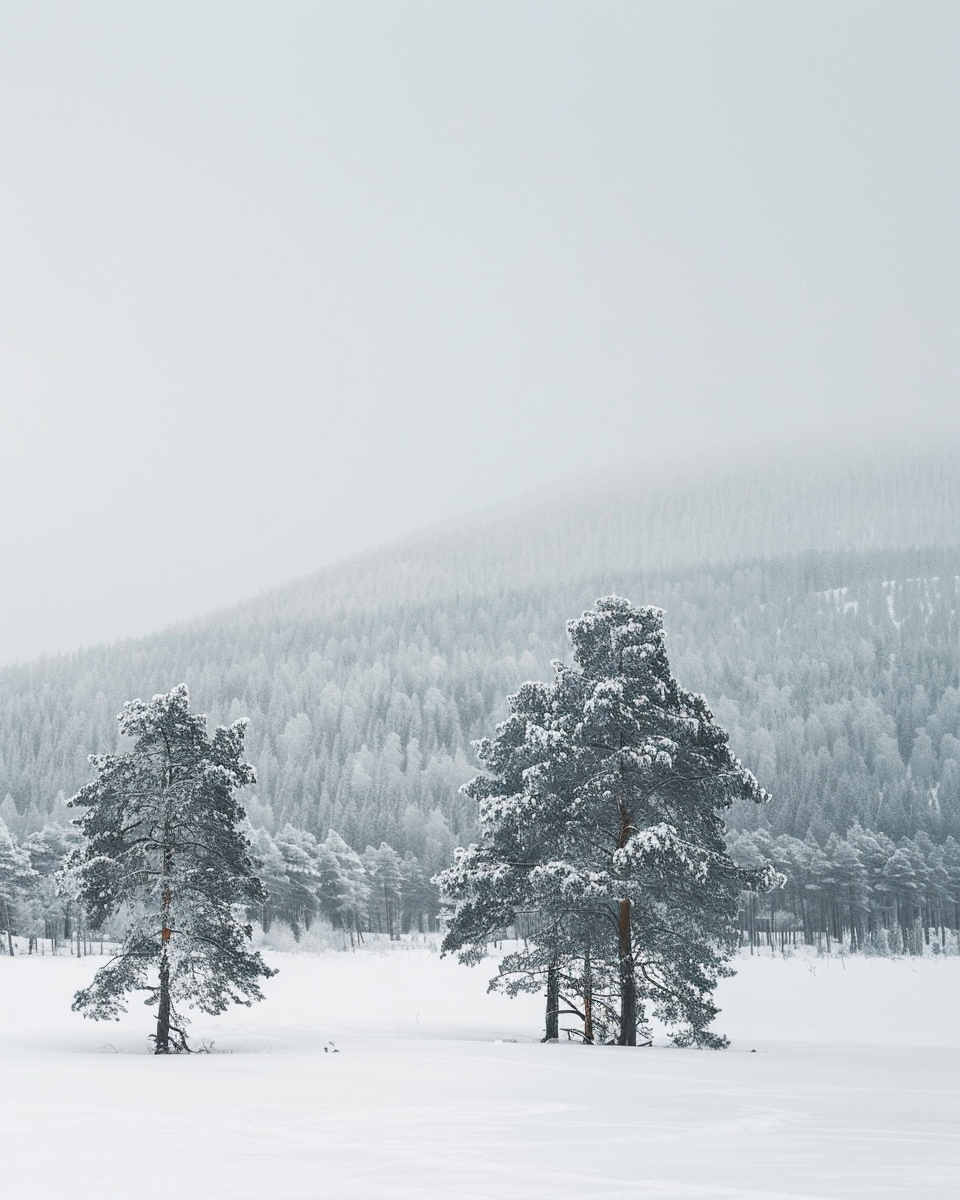 Snölandskap poster av Nordanio med snöklädd naturscen under mjukt grått himmel, väcker känsla av vinter och lugn.