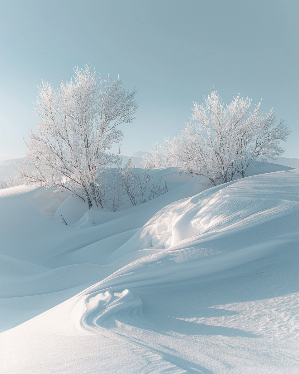 Snöklätt landskapsposter av naturmotiv från Nordanio, visar ett mjukt, diffust vinterlandskap med snö och lugn atmosfär.