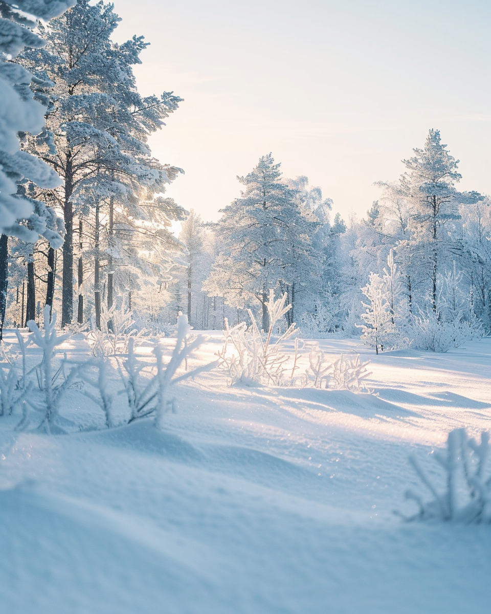 Snölandskapsaffisch från Nordanio, naturposter med snöklätt landskap och mjukt diffust ljus under dagen.