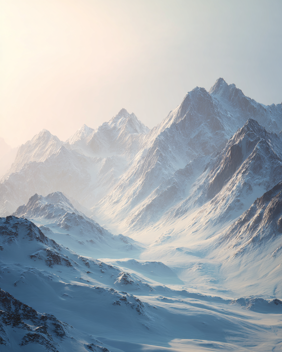 Snöklädda berg i minimalistisk naturposter av Nordanio, med mjukt ljus och lugn landskapsbild.