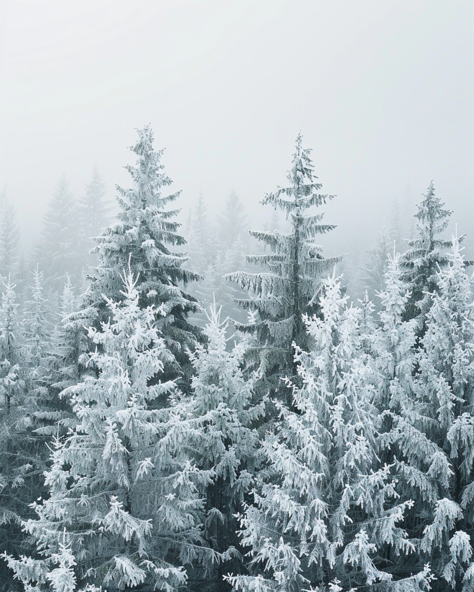 Snöklädda tallträd på naturposter av Nordanio, med mjuk grå himmel och lugn vinteratmosfär.