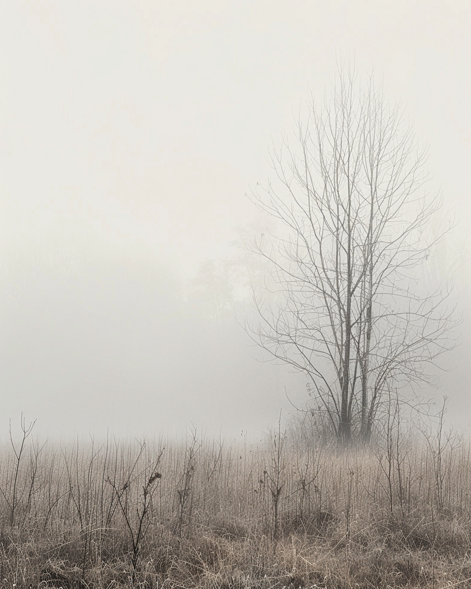 Naturskildring av ett dimmigt gräsfält på Nordanio Meadow Mist poster, med mjukt ljus och lugn atmosfär.