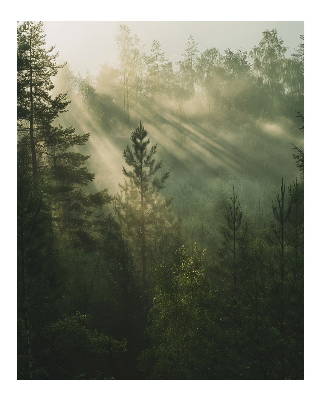 Nordanio naturposter med dimmig morgonljus och mjukt ljusfiltering genom lätt morgondim.