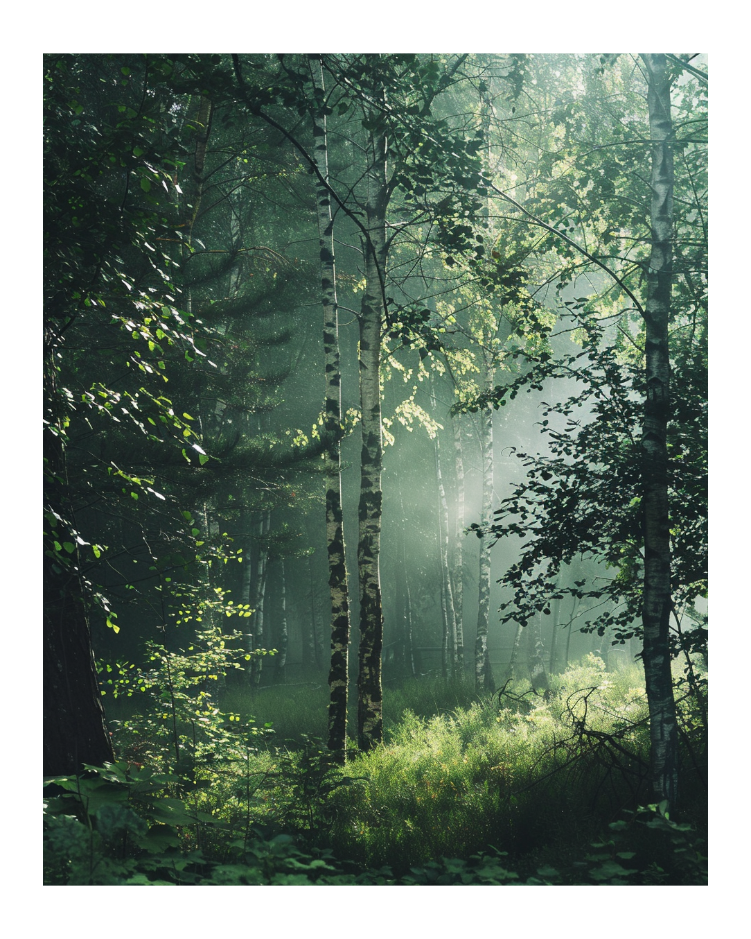 Nordanio naturposter "Forest Haze" med mjukt solljus som silas genom tunn dimma, fristående naturmotiv.