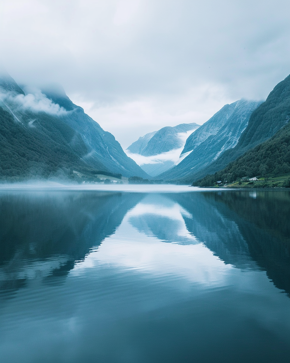 Nordanio naturposter av Mountain Lake Mist, vacker stillalake omgivet av berg i mjukt morgonskimmer, konstnärlig landskapsbild