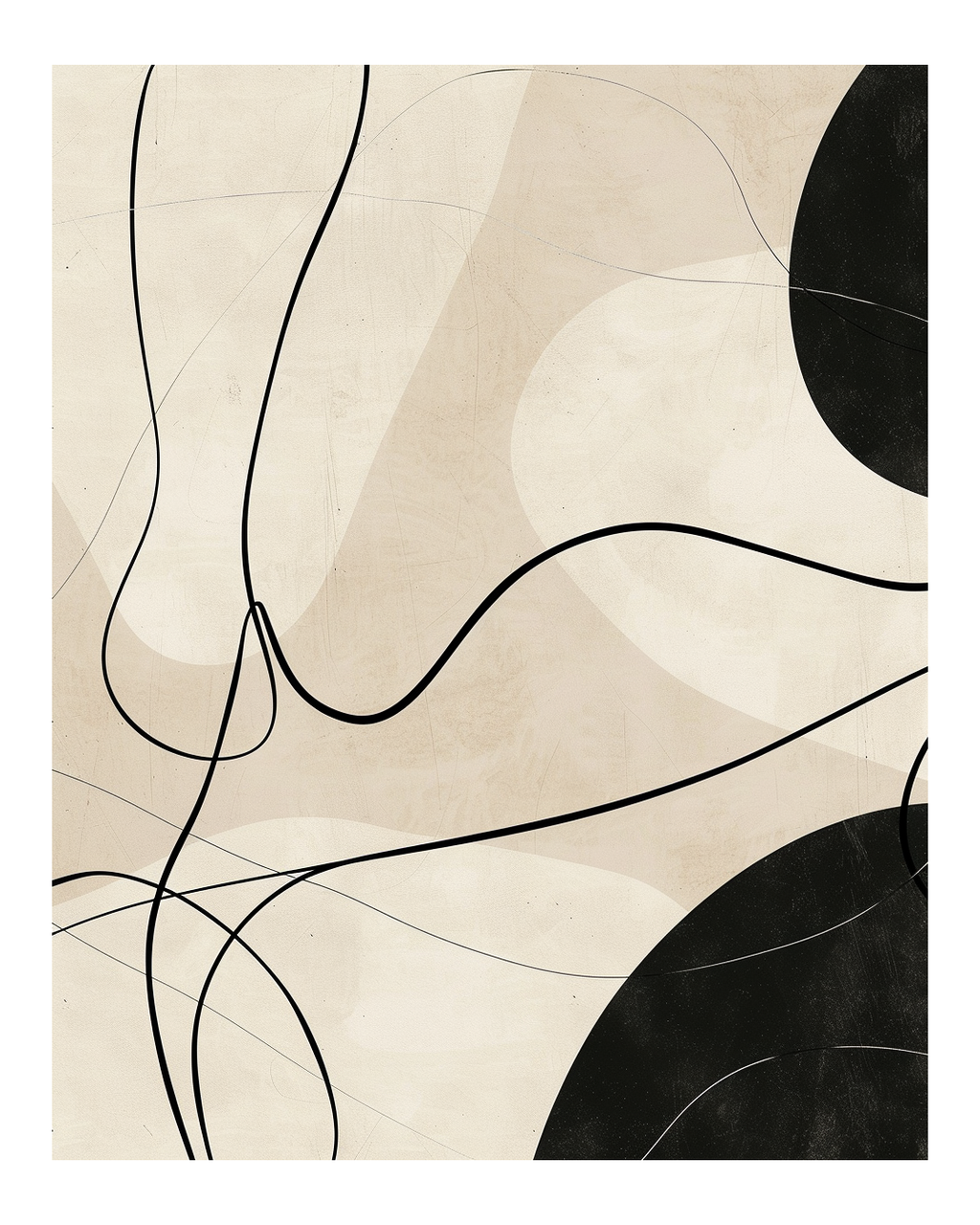 Svart linjeposter av Nordanio med tunn, abstrakt linjedesign på mjuk beige bakgrund för modern väggdekoration