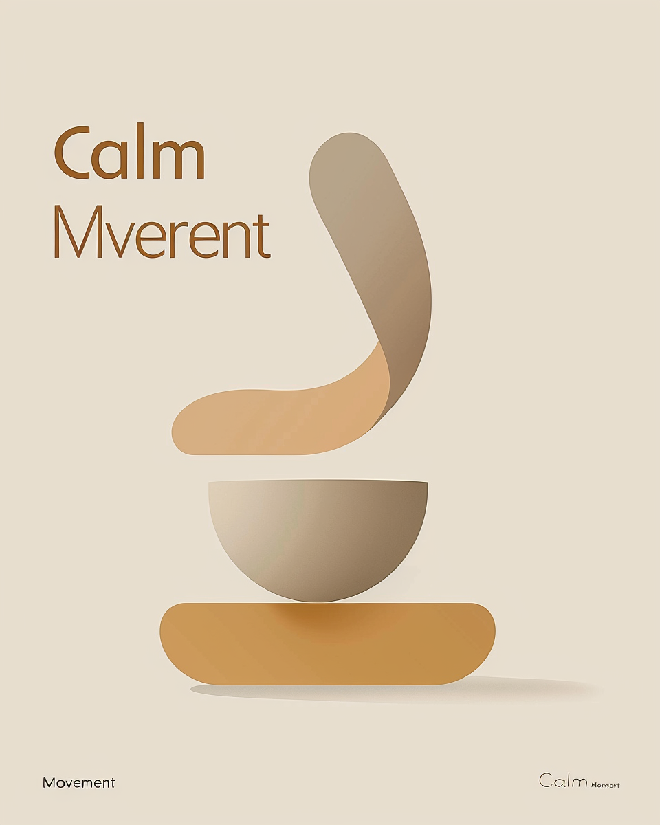 Typografiskt affisch med texten "Calm Movement" av Nordanio, svart på vit bakgrund, modern design och tydlig typografi.