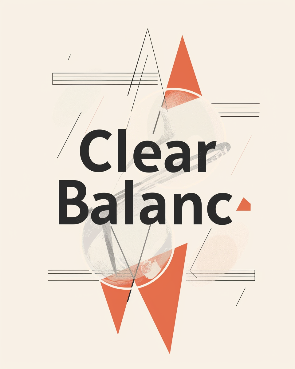 Typografiposter med texten "Clear Balance" av Nordanio, svart på vit bakgrund, modern design för väggdekoration.