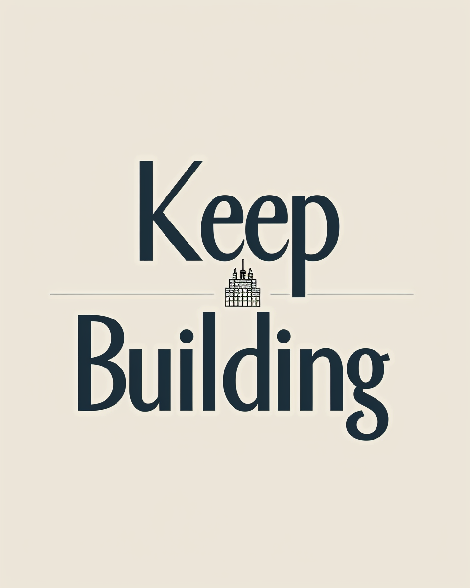 Typografiposter med texten "Keep Building" från Nordanio, svart och vitt design, väggdekoration för inspiration och motivation.