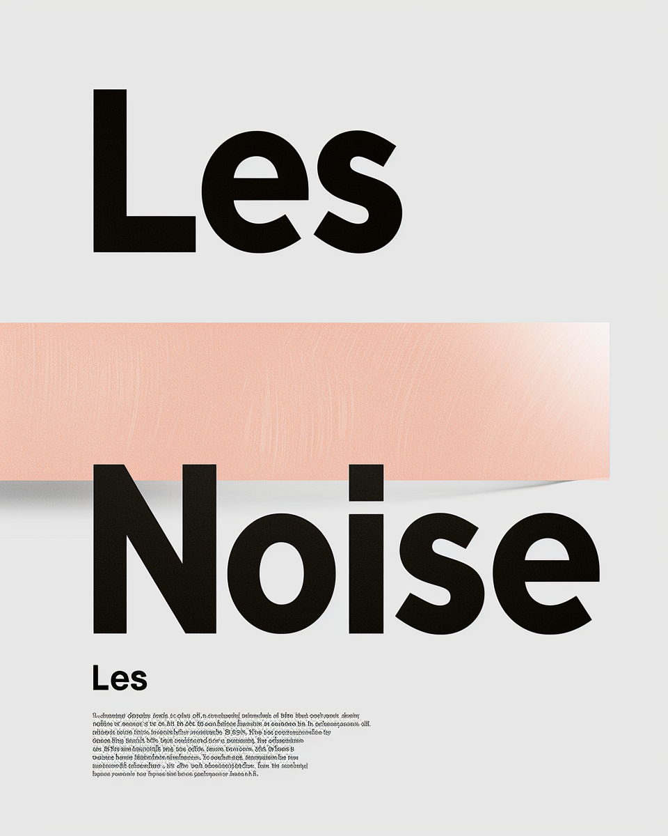 Typografiskt Nordanio-affisch med texten "Less Noise" i modern stil, svart och vit design.