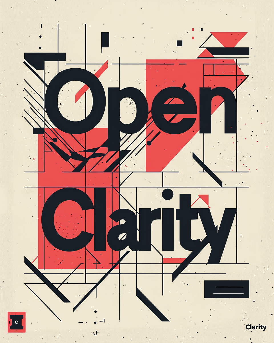 Typografiposter med texten "Open Clarity" från Nordanio, svart och vit design på papper.
