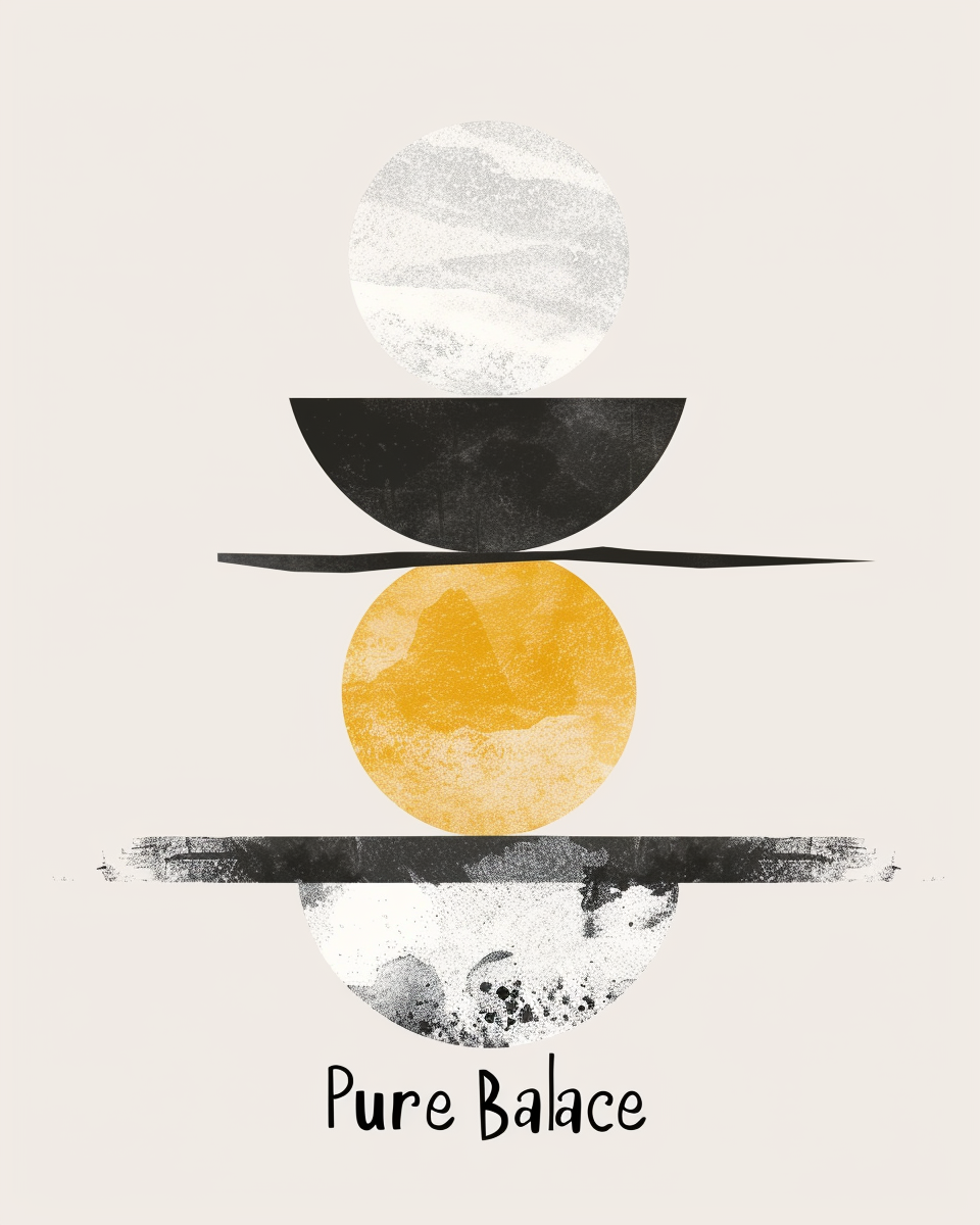 Typografiskt affisch med orden "Pure Balance" av Nordanio, abstrakt design i svart och vitt.