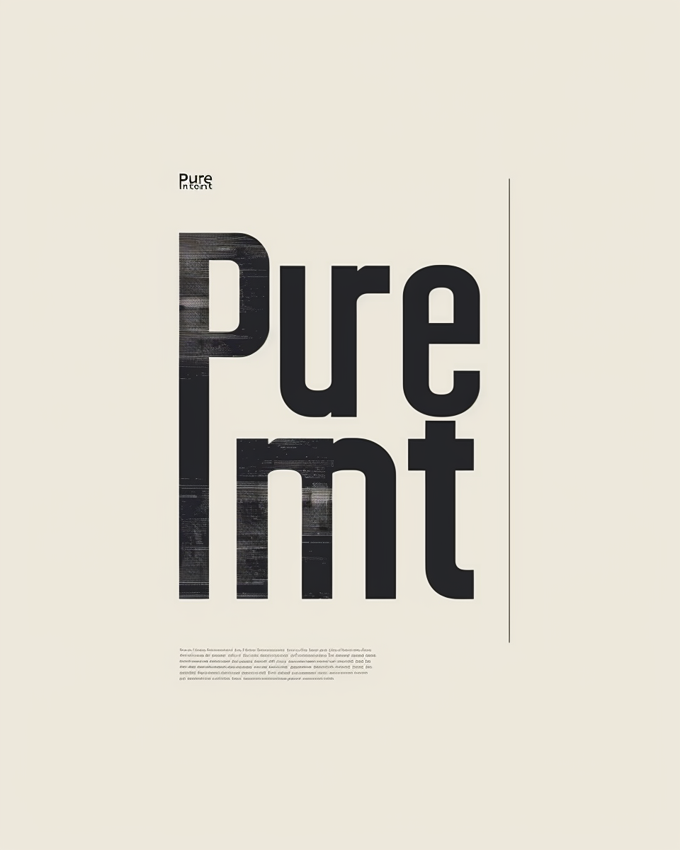 Typografisk poster med texten "Pure Intent" av Nordanio, svart och vit design på papper.