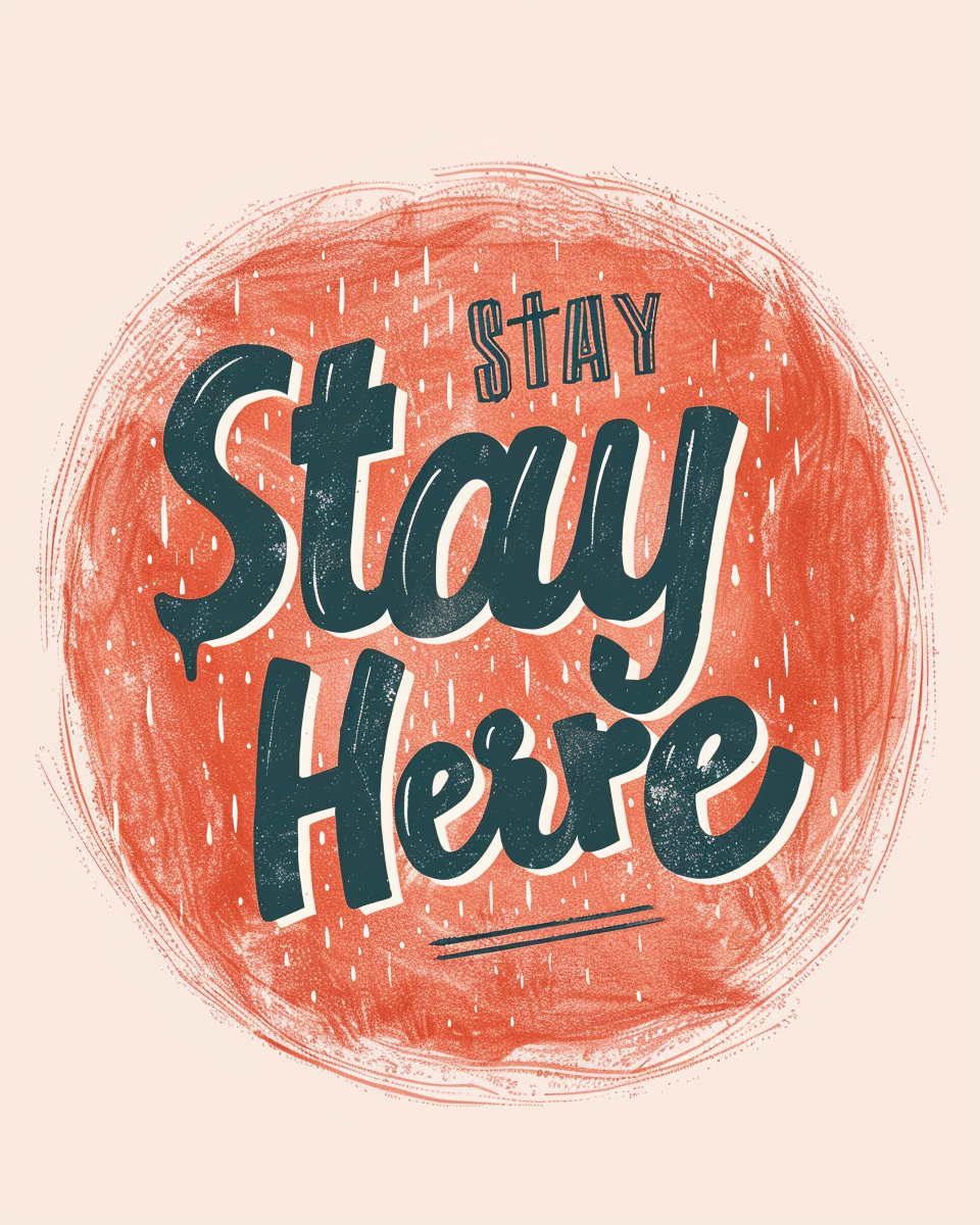 Typografiposter med texten "Stay Here" från Nordanio, svartvit design på papper.