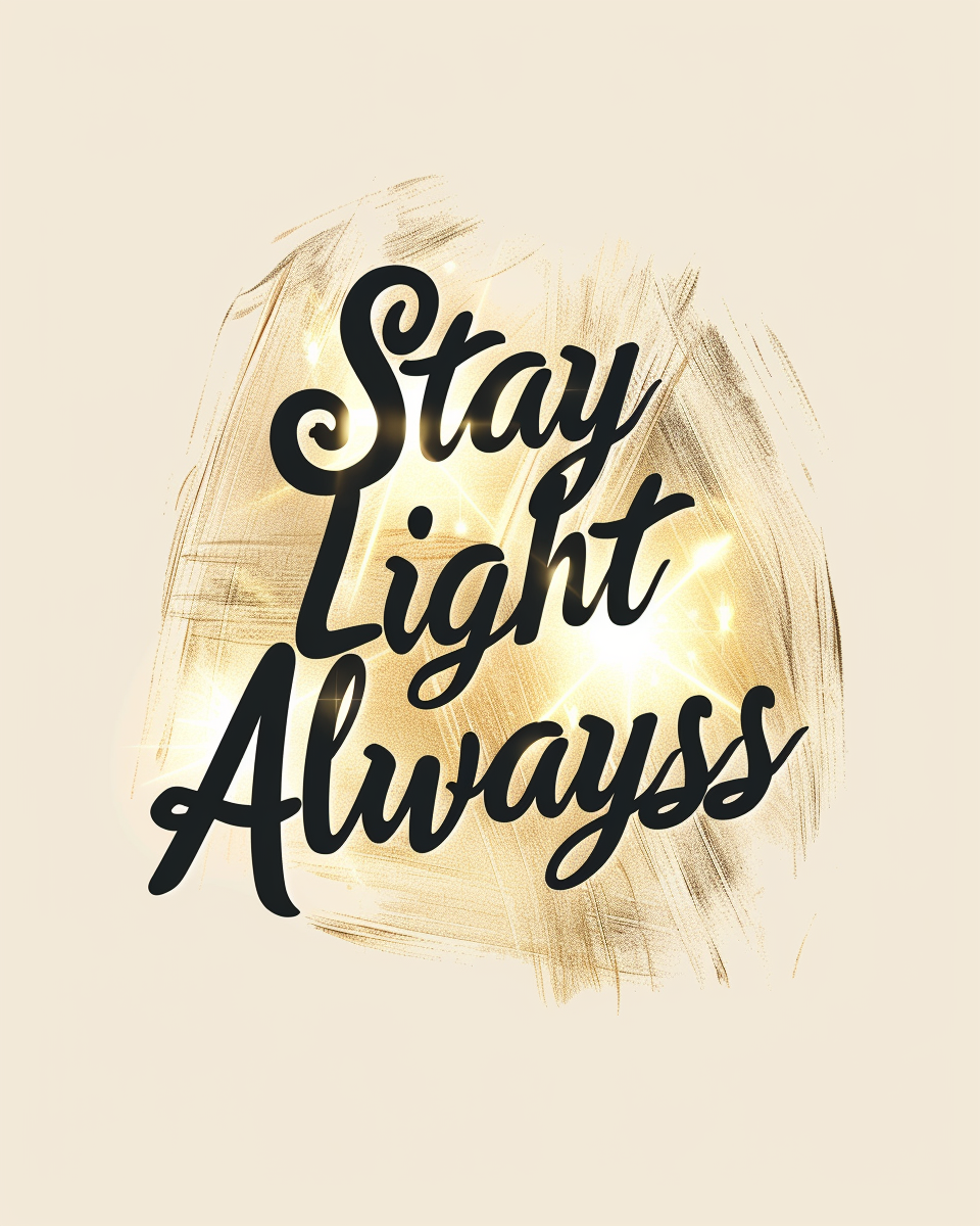 Typografiskt poster med texten "Stay Light Always" från Nordanio, svart och vitt design, väggdekoration för hemmet